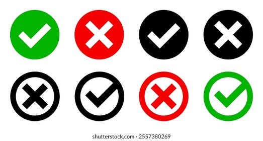 Check mark icon. Red cross collection. Checklist signs, approval badge. Vector illustration