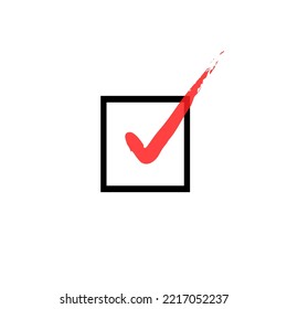 Check mark icon. Red tick symbol in square box, vector illustration.