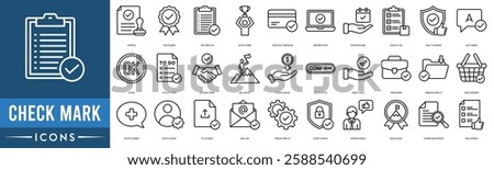 Check mark icon set. Approved, Verified Badge, Task Completed, Success Symbol, Successful Transaction, Confirmed Status, Reservation Made and Checklist Item
