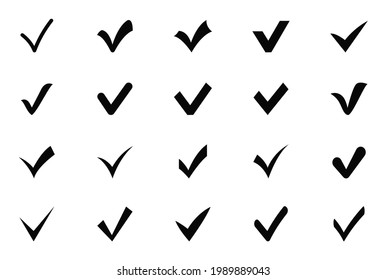 Markierungssymbol-Set markieren. Schwarz bestätigen oder ankreuzen Symbole. Überprüfen Sie die Zeichen auf Zustimmung, Abstimmung, Bestätigung, Auswahl. Vektorgrafik.