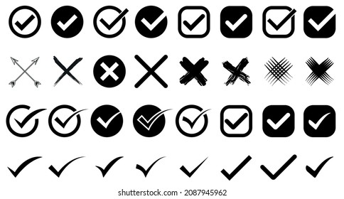 Check mark icon set in black color, cross icon set, check box set, check list signs, approval badge. Vector illustration isolated on a white background. Editable Stroke