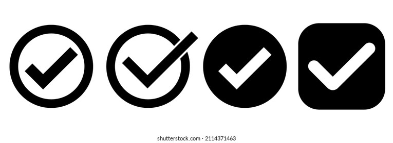 Check mark icon set in black color. check box set, check list signs, approval badge. Vector illustration isolated on a white background