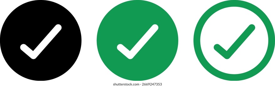 Ícone de marca de seleção definido na ilustração de vetor em preto e verde