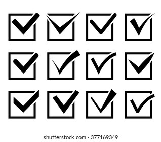 Check mark icon set. Black check boxes on white background. Vector illustration