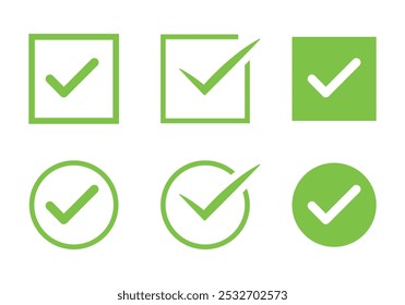 ícone de marca de seleção definido. caixa de seleção quadro quadrado. ícone de caixa de seleção com botões corretos e ícones de marca de seleção sim na caixa de seleção verde, ilustração de vetor no fundo branco.