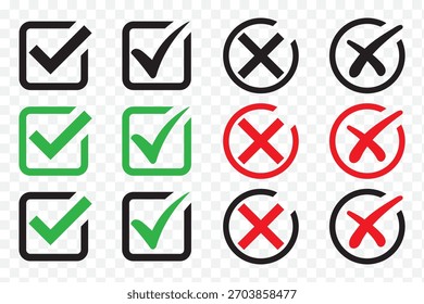 Ícone de marca de seleção definido. Ícone de caixa de seleção com botões corretos e errados e ícones de marca de seleção sim ou não na caixa de marcação verde e na ilustração vetorial cruz vermelha. Melhor design. EPS 10.