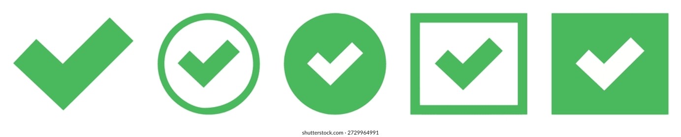 Marque el conjunto de iconos. Icono de casilla de verificación con el Botón derecho y los íconos de marca de verificación de sí en la casilla de verificación verde. Símbolo de marca de verificación aislado, concepto de signo derecho. Símbolos de Aprobación.