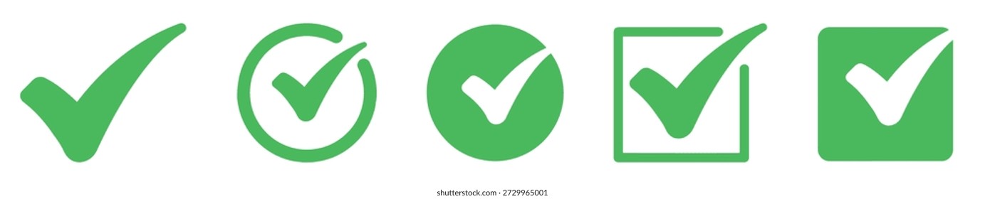 Marque el conjunto de iconos. Icono de casilla de verificación con el Botón derecho y los íconos de marca de verificación de sí en la casilla de verificación verde. Símbolo de marca de verificación aislado, concepto de signo derecho. Símbolos de Aprobación.