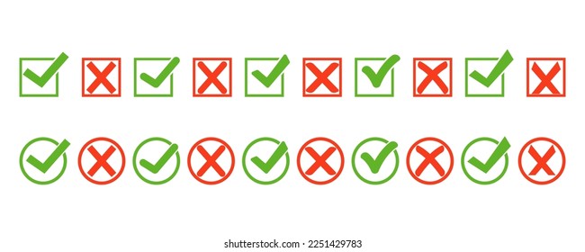 Check mark icon set. Checkmark cross on white background. Green check marks and red crosses. Circle and square, hard and rounded corners. Vector illustration