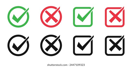 Check mark icon set. Checkmark,  cross mark icon set. Checkmark and X mark icons. 