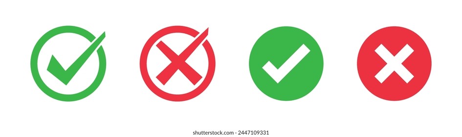 Check mark icon set. Checkmark, cross mark icon set. Checkmark and X mark icons. 