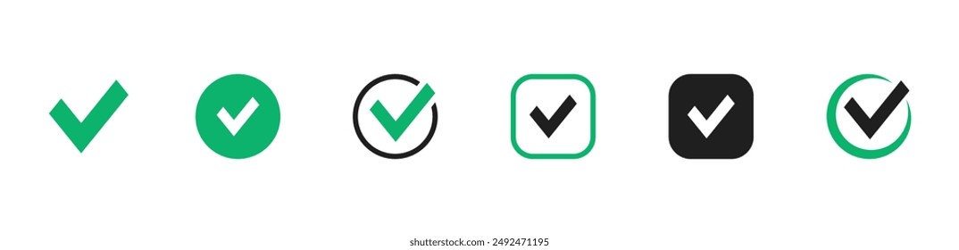 Check mark icon set. Checkmarks and confirm. Check marks for agreement, vote, confirmation, choise. Vector illustration.