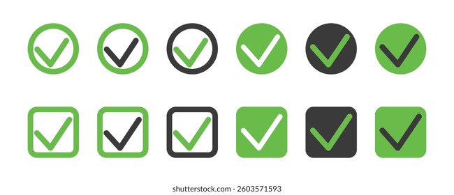 Check mark icon set. Checkmarks and confirm. Check marks for agreement, vote, confirmation, choise. Vector illustration.