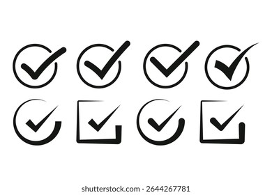 Ícone de marca de seleção definido. Marcas de seleção e confirmação. Marcas de verificação para concordância, voto, confirmação, escolha. Ilustração vetorial