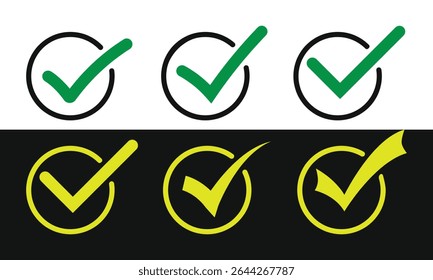 Ícone de marca de seleção definido. Marcas de seleção e confirmação. Marcas de verificação para concordância, voto, confirmação, escolha. Ilustração vetorial