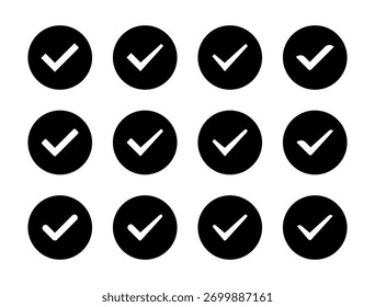 Marque la colección del conjunto de iconos en círculo negro. Símbolo de garrapata y Aprobación. Marca de verificación y signo de éxito