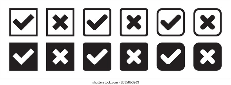 Marcar conjunto de iconos. Conjunto de iconos de marca cruzada. Plantilla de material vectorial. Negro y blanco