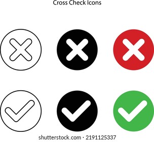 Check mark icon set, cross icon set, check list signs, approval badge. Vector illustration isolated on a white background. 