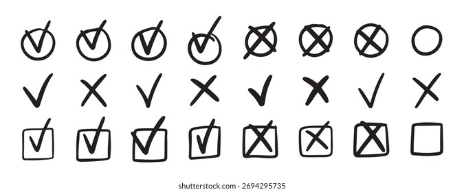 Conjunto de iconos de marca de verificación. Conjunto de iconos cruzados. Marcas de trazos negros dibujadas a mano para los elementos de la lista de comprobación. Casilla de verificación. Icono de marca de verificación de Doodle. Ilustración vectorial