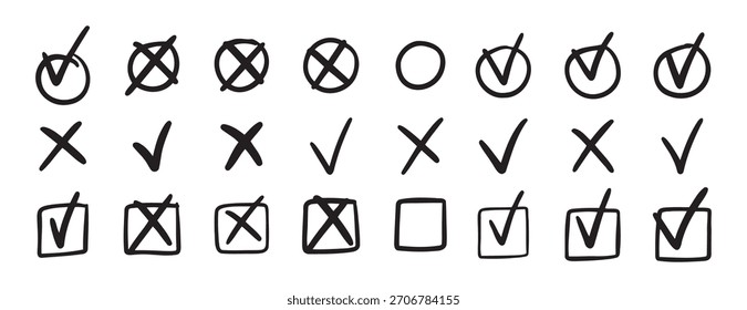 Conjunto de iconos de marca de verificación. Conjunto de iconos cruzados. Marcas de trazos negros dibujadas a mano para los elementos de la lista de comprobación. Casilla de verificación. Icono de marca de verificación de Doodle. Ilustración vectorial