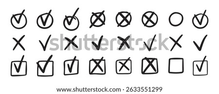 check mark icon set. cross icons set. Hand drawn black strokes marks for check list items. Checkbox. Doodle check mark icon. Vector illustration