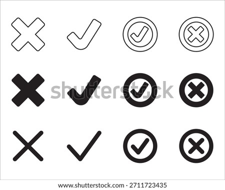 Check mark icon set. Cross mark icons. Icon symbol for approval, right, wrong, agree, yes, no, done, checklist, vote, tick, correction. Vector isolated use for website.