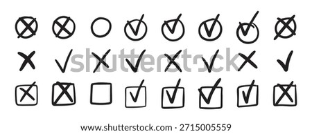 check mark icon set. cross icons set. Hand drawn black strokes marks for check list items. Checkbox. Doodle check mark icon. Vector illustration