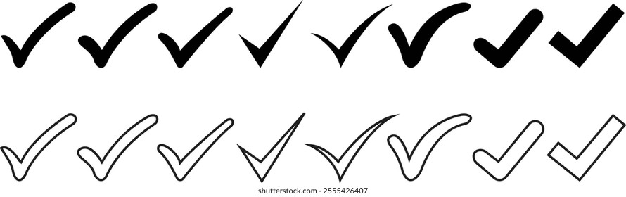 Check mark Icon set for design. accept checkmark, Accepted, right, correct, true, done icons tick box checked. Check mark symbols vector. Suitable for Web Page, Mobile App, UI, UX and GUI design.