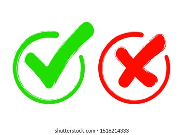 Check mark icon set. Gree tick and red cross flat simbol. Check ok, YES or no, X marks for vote, decision, web.Correct and incorrect sign. Right, wrong icons.vector eps10