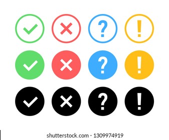 Marcar conjunto de iconos. Green OK o V tick, red X, signo de exclamación, signo de interrogación. Señales de aprobación. Comprobar lista, prueba, cuestionario. Ilustración del vector