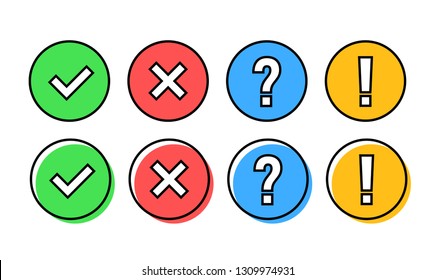 Check mark icon set. Green OK or V tick, red X, exclamation mark, Question mark. Approval signs. Check list, test, quiz. Vector illustration