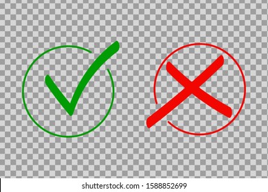 Check mark icon set. Green tick and red cross flat simbol. Check ok, YES or no, X marks for vote, decision, web.Correct and incorrect sign. Right, wrong icons.vector eps10