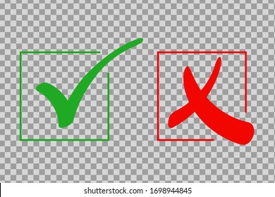 Marcar conjunto de iconos. Símbolo verde de garrapata y cruz roja. Revisa ok, SÍ o no, X marcas para votar, decisión, web.Signo correcto e incorrecto. Iconos correctos.vectoriales10