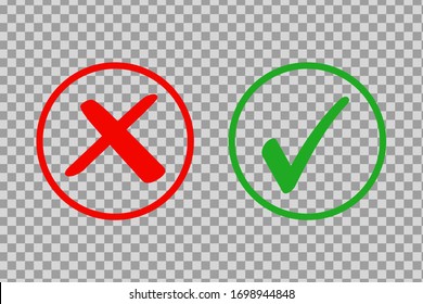 Marcar conjunto de iconos. Símbolo verde de garrapata y cruz roja. Revisa ok, SÍ o no, X marcas para votar, decisión, web.Signo correcto e incorrecto. Iconos correctos.vectoriales10