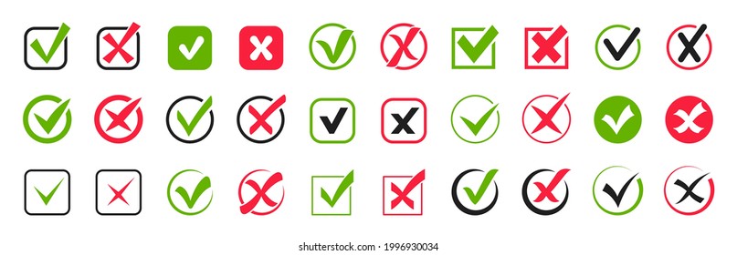 Check mark icon set. Green check marks and red crosses. Tick and cross icons. Accepted or rejected, true or false, right or wrong, yes or no signs. Checkbox icons. Vector illustration.