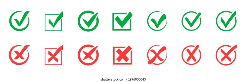 Check mark icon set. Green check marks and red crosses. Tick and cross icons. Accepted or rejected, true or false, right or wrong, yes or no signs. Checkbox icons. Vector illustration.