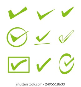 check mark icon set, green approval check symbol isolated.	
