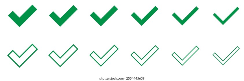 Check mark icon set. Green fill, line, dash check mark icons. Illustration. Set of various color and various types cross makr icon. Set of various color and various types check or tick makr icon. 