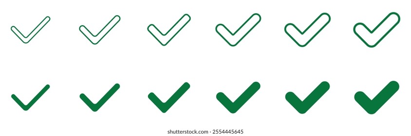 Check mark icon set. Green fill, line, dash check mark icons. Illustration. tick mark icon with rounded corners. Set of various color and various types check or tick makr icon. 