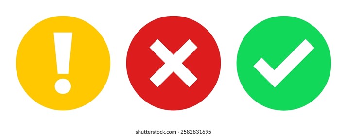 check mark icon, set of green tick mark, exclamation point, red cross, x mark, flat style right, wrong and bang sign in circle shape. checkbox button isolated white background, vector illustration.