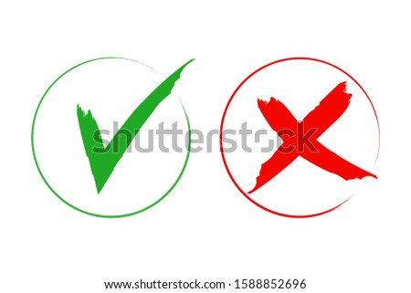 Check mark icon set. Green tick and red cross flat simbol. Check ok, YES or no, X marks for vote, decision, web.Correct and incorrect sign. Right, wrong icons.vector eps10