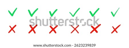 Check the mark icon set. Hand drawn doodle checklist correct, cross, ok vote sign element. Hand drawn brush stroke check mark with box, circle symbol icon set. Vector illustration