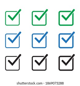 Marcar el conjunto de iconos de elementos vectoriales aislados. Símbolo con aprobación de marca verde, azul, negro.