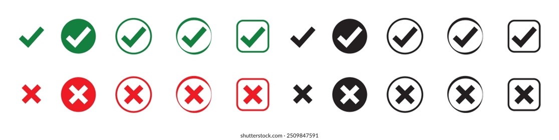 Markierungssymbolsatz. Häkchen für Zustimmung, Abstimmung, Bestätigung, Auswahl. Markierungen und Bestätigung. Vektorgrafik