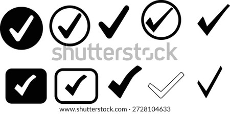 Check mark icon set on white background. Collection of approval, verification, and confirmation symbols in multiple styles. Simple tick marks for UI, apps, and design systems. 