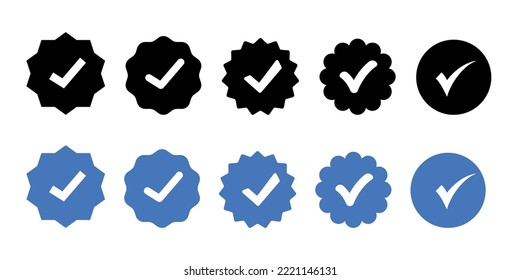 Markierungssymbol-Set markieren. Profilüberprüfung. Set von überprüften Symbolen mit für die sozialen Medien verifiziertem Badge-Stil. Vektorbestätigung der Symbole gesetzt. Häkchen. Vektorgrafik