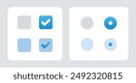 check mark icon set. Radio, checkbox and switch check mark used for choice between one of two possible mutually exclusive options. GUI, HTML CSS Radio, Checkbox and switch template.