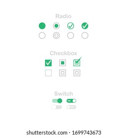 check mark icon set. Radio, checkbox and switch check mark used for choice between one of two possible mutually exclusive options. GUI, HTML CSS Radio, Checkbox and switch template.