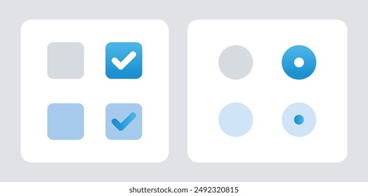 check mark icon set. Radio, checkbox and switch check mark used for choice between one of two possible mutually exclusive options. GUI, HTML CSS Radio, Checkbox and switch template.