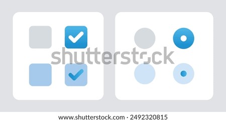 check mark icon set. Radio, checkbox and switch check mark used for choice between one of two possible mutually exclusive options. GUI, HTML CSS Radio, Checkbox and switch template.